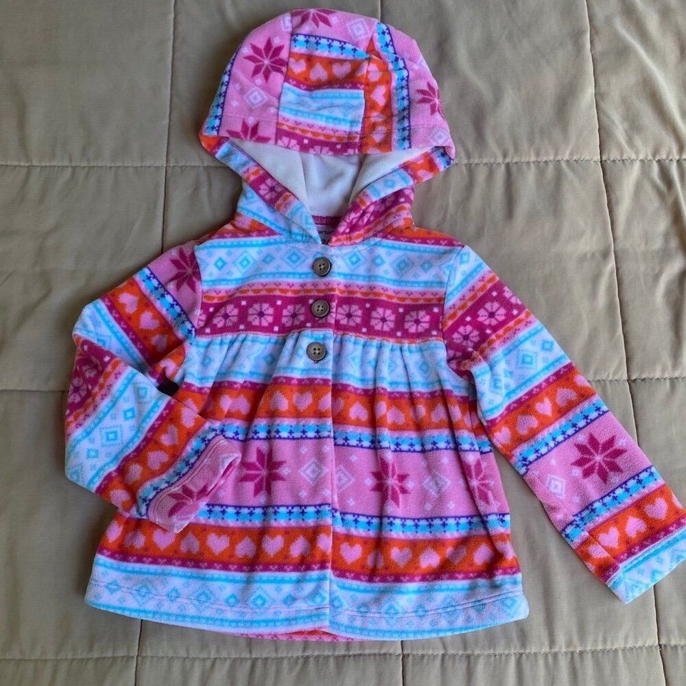 Carter’s Winter Heart Print Fluffy Fleece Pink Hoodie Frock Fair Isle print 2T